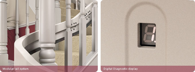 Curved stair lifts modular rail system and digital diagnostic display